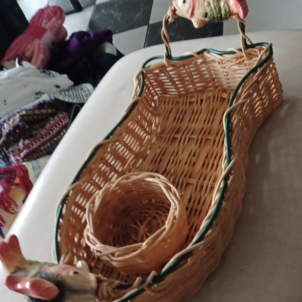 Chip and Dip Wicker Basket w/ ceramic Fish Handles, 17” long